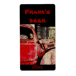 Old red rusted truck beer bottle label
