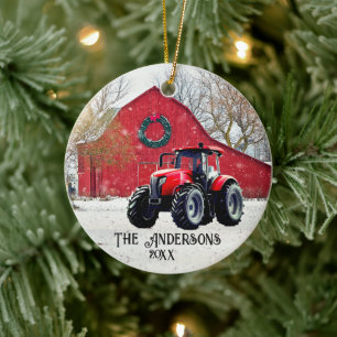 Old Red Tractor Christmas  Ceramic Ornament