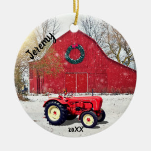 Old Red Tractor Christmas  Ceramic Tree Decoration