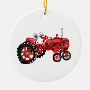 Old red tractor drawing card ceramic tree decoration