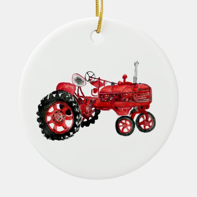 Old red tractor drawing card ceramic tree decoration (Front)