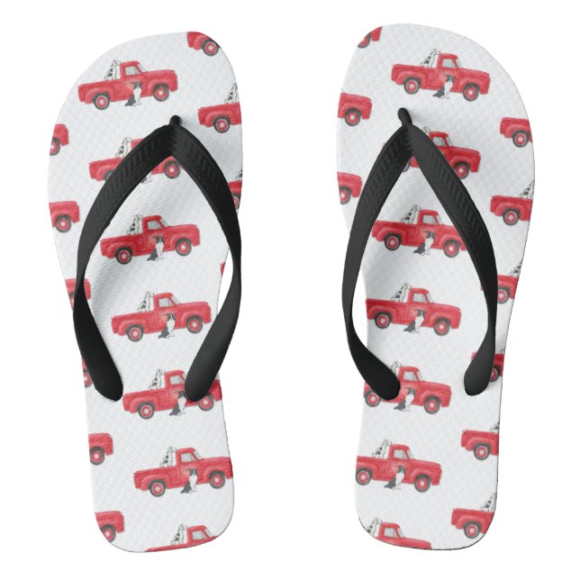 Old Red Truck Farm Ranch Dogs Flip Flops (Footbed)