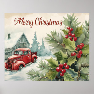 Old Red Truck Merry Christmas Poster