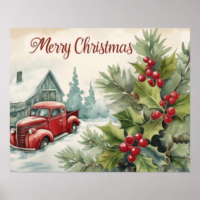 Old Red Truck Merry Christmas Poster (Front)