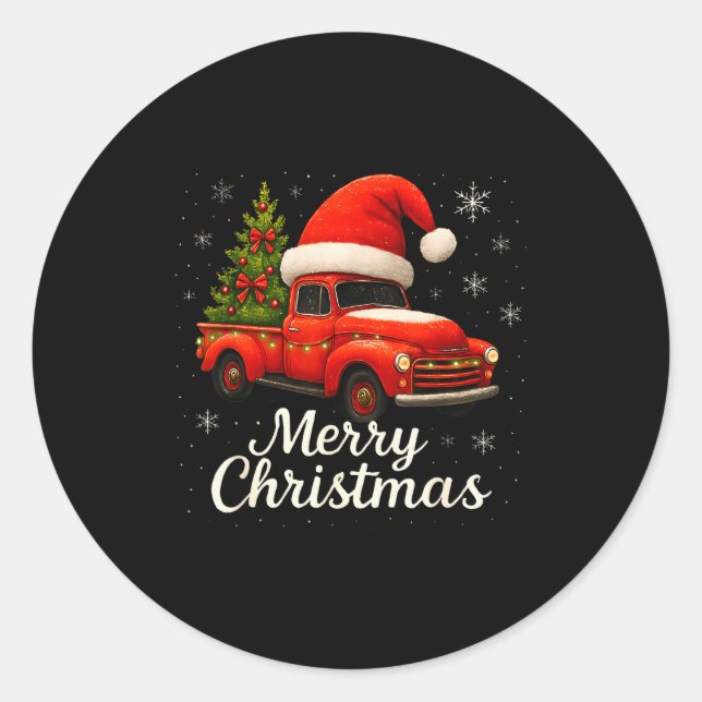 Old Red Truck Santa Hat Xmas Tree Merry Christmas  Classic Round Sticker (Front)