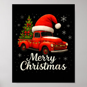 Old Red Truck Santa Hat Xmas Tree Merry Christmas  Poster