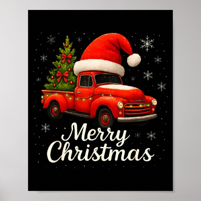 Old Red Truck Santa Hat Xmas Tree Merry Christmas  Poster (Front)