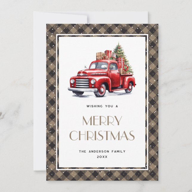 Old Red Truck Tree Plaid Merry Christmas Card (Front)