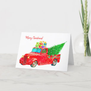 Old Red Truck with Christmas Tree and Gifts Holiday Card