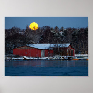 Old red wooden boathouse with full moon poster