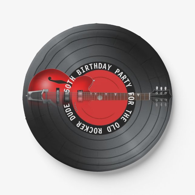 Old Rocker Dude Guitar Record 50th Birthday Party Paper Plate (Front)