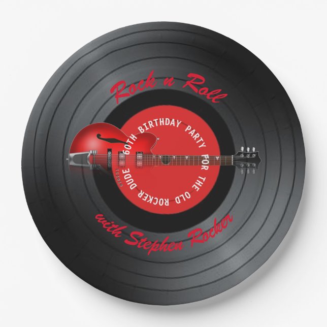 Old Rocker Dude Guitar Record Birthday Party Paper Plate (Front)