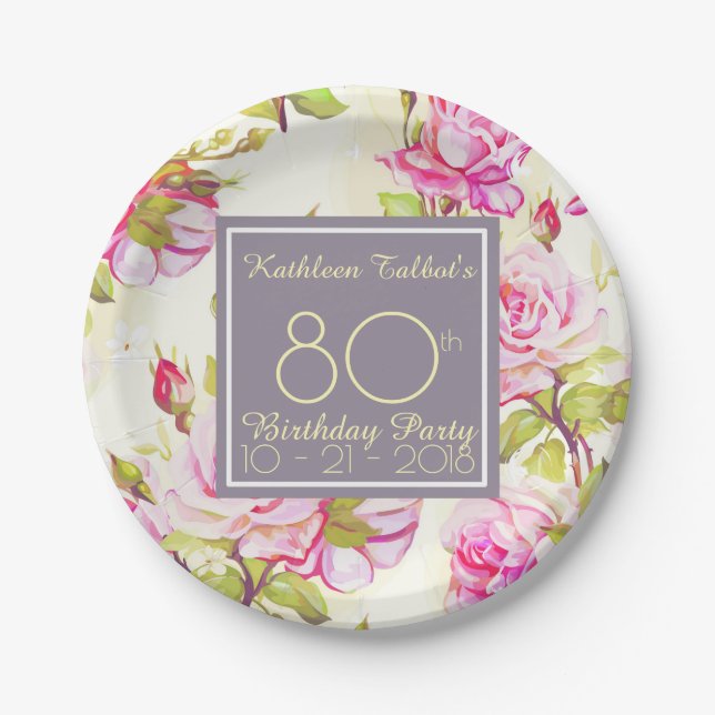 Old Roses 80th Birthday Party Paper Plate (Front)