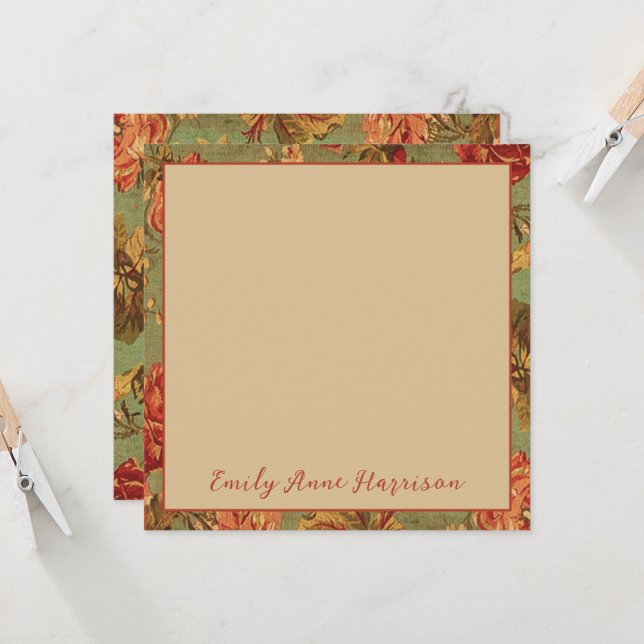 Old Roses on Green Square Note Card Personalised (Front/Back In Situ)