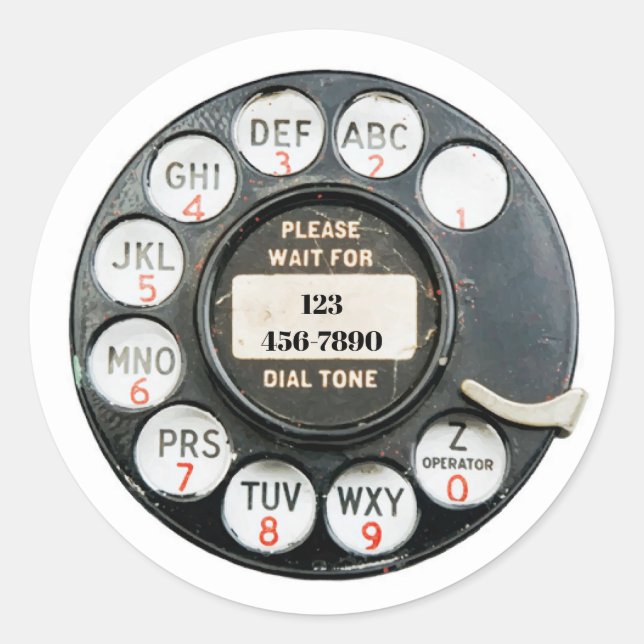 Old Rotary Phone Dial, edit phone number, Classic Round Sticker (Front)