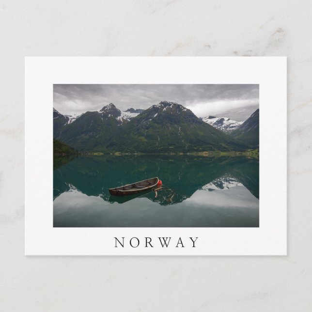 Old rowboat and mountain in Norway white postcard (Front)