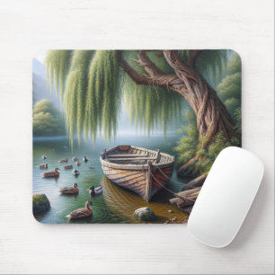 Old Rowboat Tied Under a Willow Tree Mouse Mat