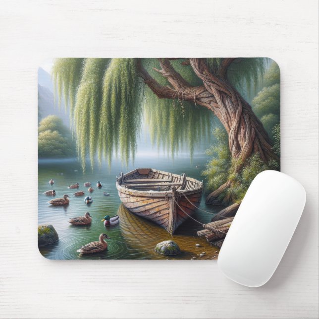 Old Rowboat Tied Under a Willow Tree Mouse Mat (With Mouse)
