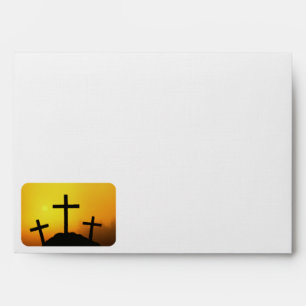 Old Rugged Wooden Cross on Calvary Hill at Sunset Envelope