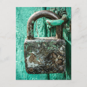 Old Rusted Lock Teal Aqua Blue Wooden Door Postcard