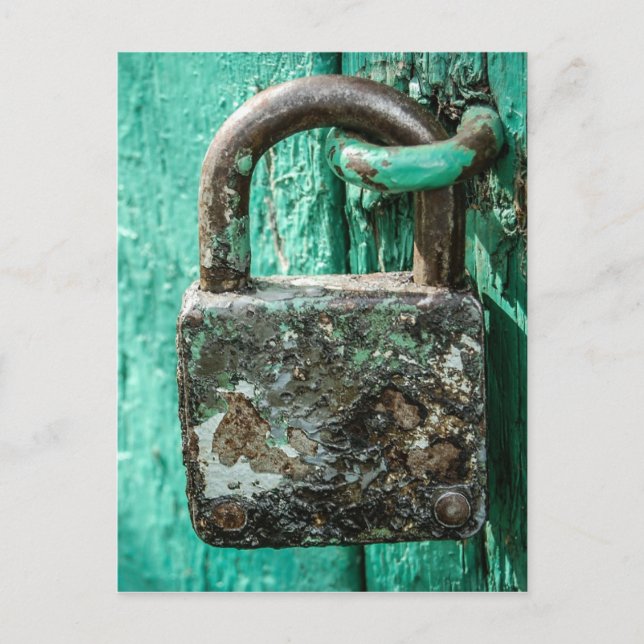 Old Rusted Lock Teal Aqua Blue Wooden Door Postcard (Front)