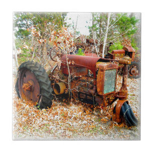 Old Rustic Farm Tractor in Junk Yard Tile