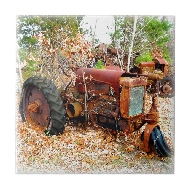 Old Rustic Farm Tractor in Junk Yard Tile (Front)
