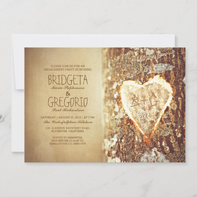 old rustic tree heart engagement party invitations (Front)