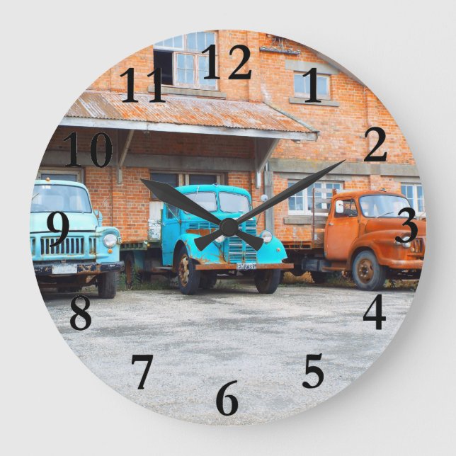 old rusty farm trucks in field big large clock (Front)