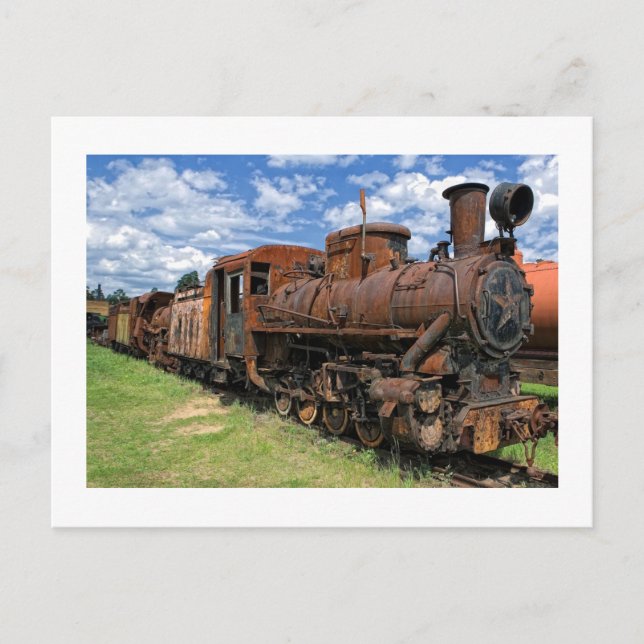 Old rusty steam locomotive postcard (Front)