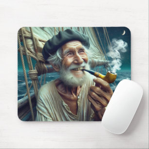 Old Sailor On A Sailboat Smoking a Pipe Mouse Mat
