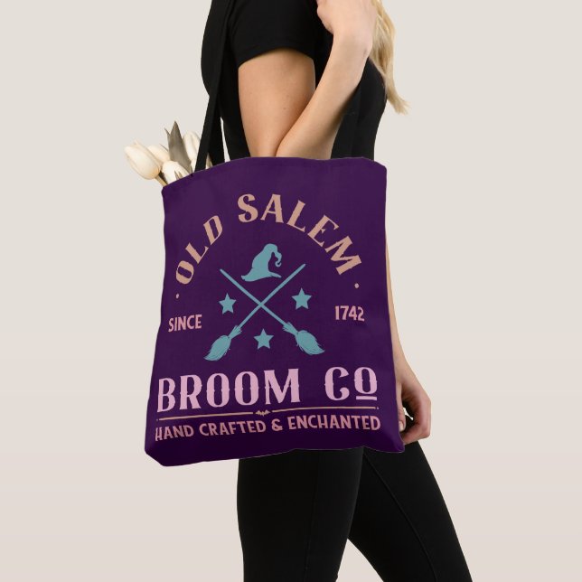 Old Salem Broom Co Enchanted Since 1742 Halloween Tote Bag (Close Up)