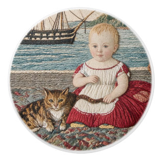 Old Sampler Scene Child With Cat Ceramic Knob