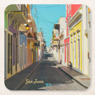 Old San Juan Cobblestone Street Photography Square Paper Coaster