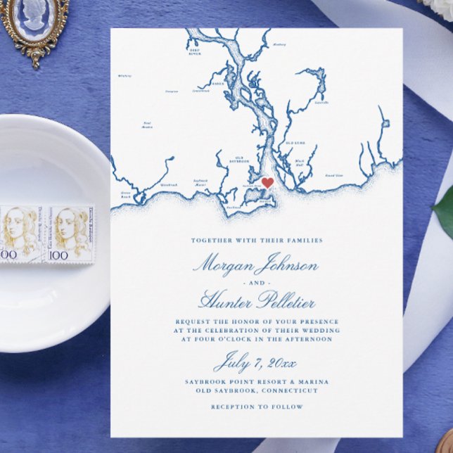 Old Saybrook CT Map Elegant Navy Blue Wedding Invitation (Old Saybrook Connecticut Map Wedding Invitation in elegant navy blue from Coastal Map Designs)