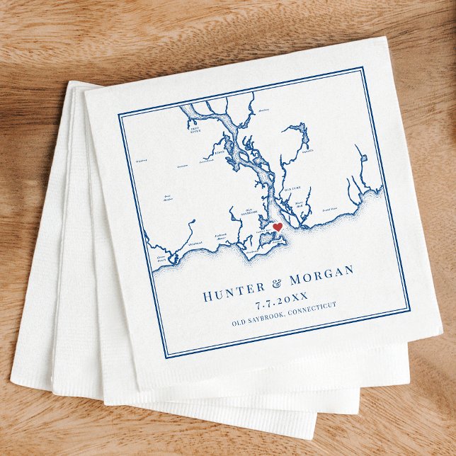 Old Saybrook CT Map Elegant Navy Blue Wedding Napkin (Saybrook Point CT Wedding Map Napkins in elegant navy blue from Coastal Map Designs)