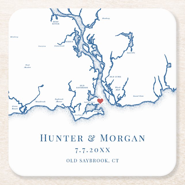 Old Saybrook CT Map Navy Blue Wedding Square Paper Coaster (Front)