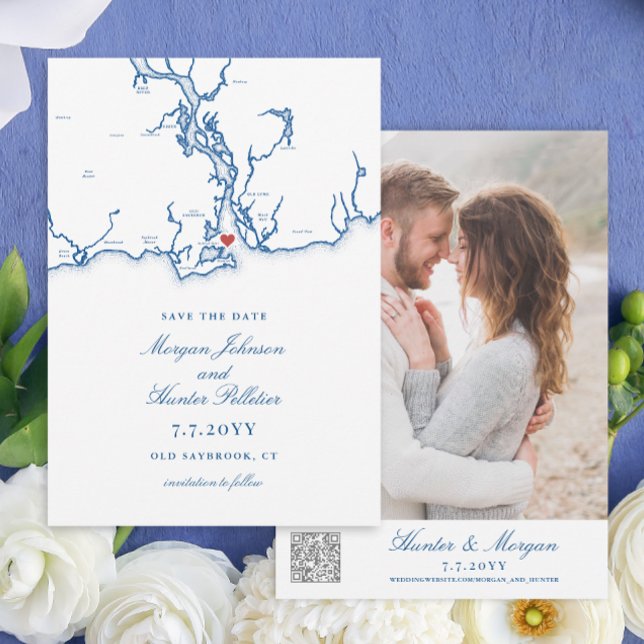 Old Saybrook CT Map Wedding QR code Save The Date (Old Saybrook CT Wedding Map Save the date with QR code in elegant navy blue from Coastal Map Designs)
