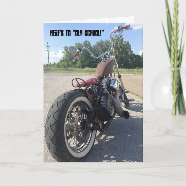 Old school bobber motorcycle birthday card (Front)