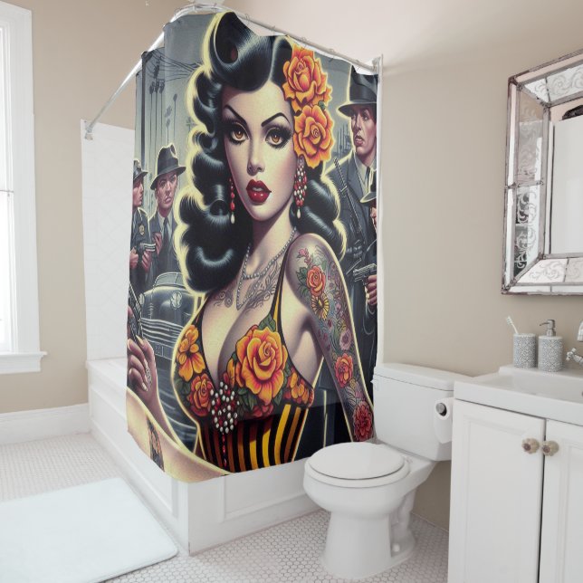Old School Cute Goth Girl Shower Curtain (In Situ)