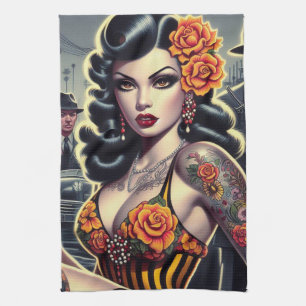 Old School Cute Goth Girl Tea Towel