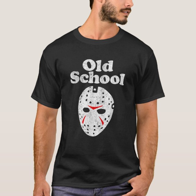 Old School Halloween Hockey Mask Horror Movie 80 s T-Shirt (Front)
