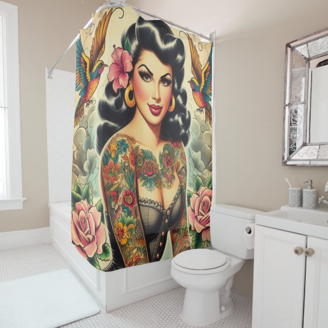 Old School Inked Girl Shower Curtain (In Situ)