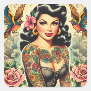 Old School Inked Girl Square Sticker