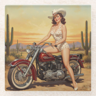 Old school Retro Pin-up girl on motorcycle Glass Coaster