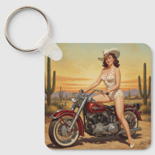 Old school  Retro Pin-up girl on motorcycle Key Ring