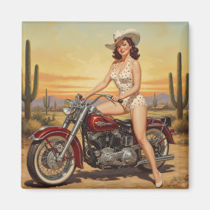 Old school  Retro Pin-up girl on motorcycle Magnet