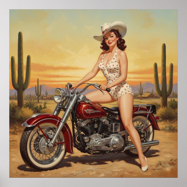 old school  Retro Pin-up girl on motorcycle Poster (Front)