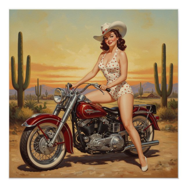 old school  Retro Pin-up girl on motorcycle Poster (Front)
