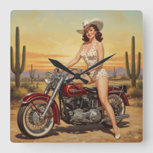 Old school  Retro Pin-up girl on motorcycle Square Wall Clock